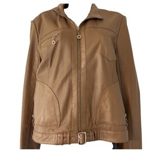 White House Black Market Tan Perforated Leather Moto Jacket Womens Large Belted